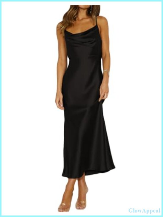 Dresses & Skirts - Satin Cowl Neck Backless Midi Dress Sleeveless Tie Back Wedding Guest